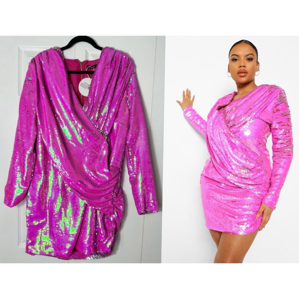 Boohoo Pink Iridescent Sequin Draped Long Sleeve Bodycon Mini Dress Size 14
